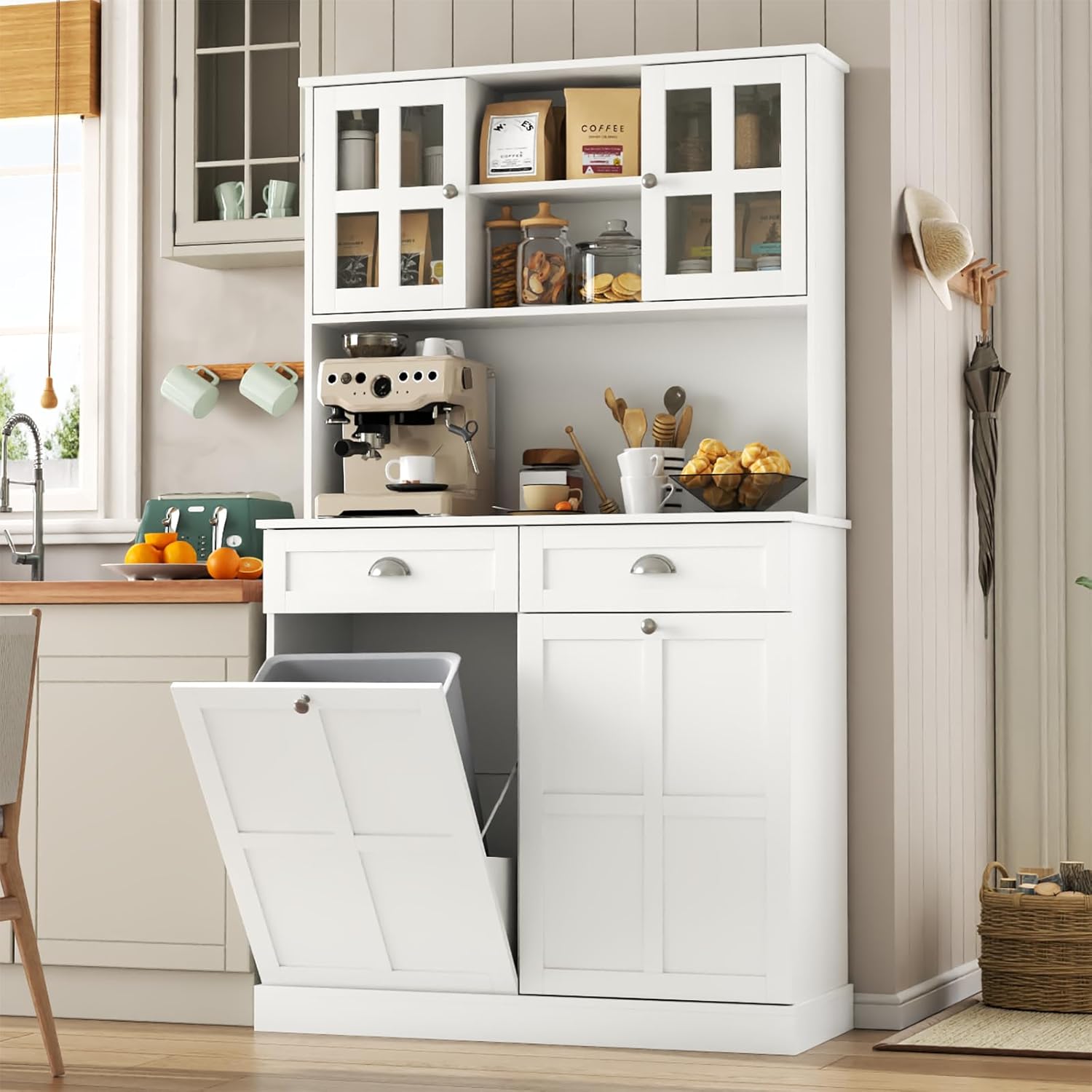 Kitchen Pantry Cabinet with Double Tilt Out Trash Cabinet, 68" Tall Storage Cabinets with 2 Drawers & Hutch, 20 Gallon Hidden Trash Can Cabinets, Kitchen Cupboard with Microwave Coffee Stand