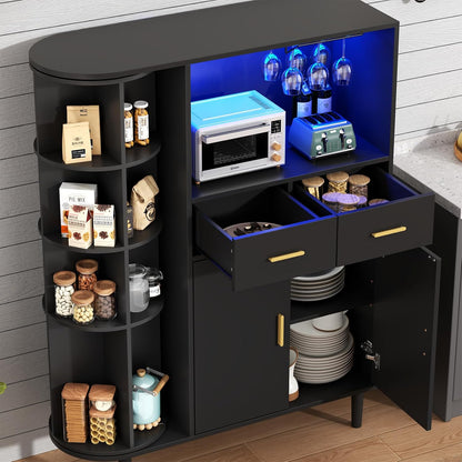 Kitchen Pantry Storage Cabinet with Charging Station and LED Lights, Freestanding Buffet Sideboards with Wine Glass Holder,Food Hutch Cabinet with Rotation 4-Tier Storage Rack for Kitchen(Black)