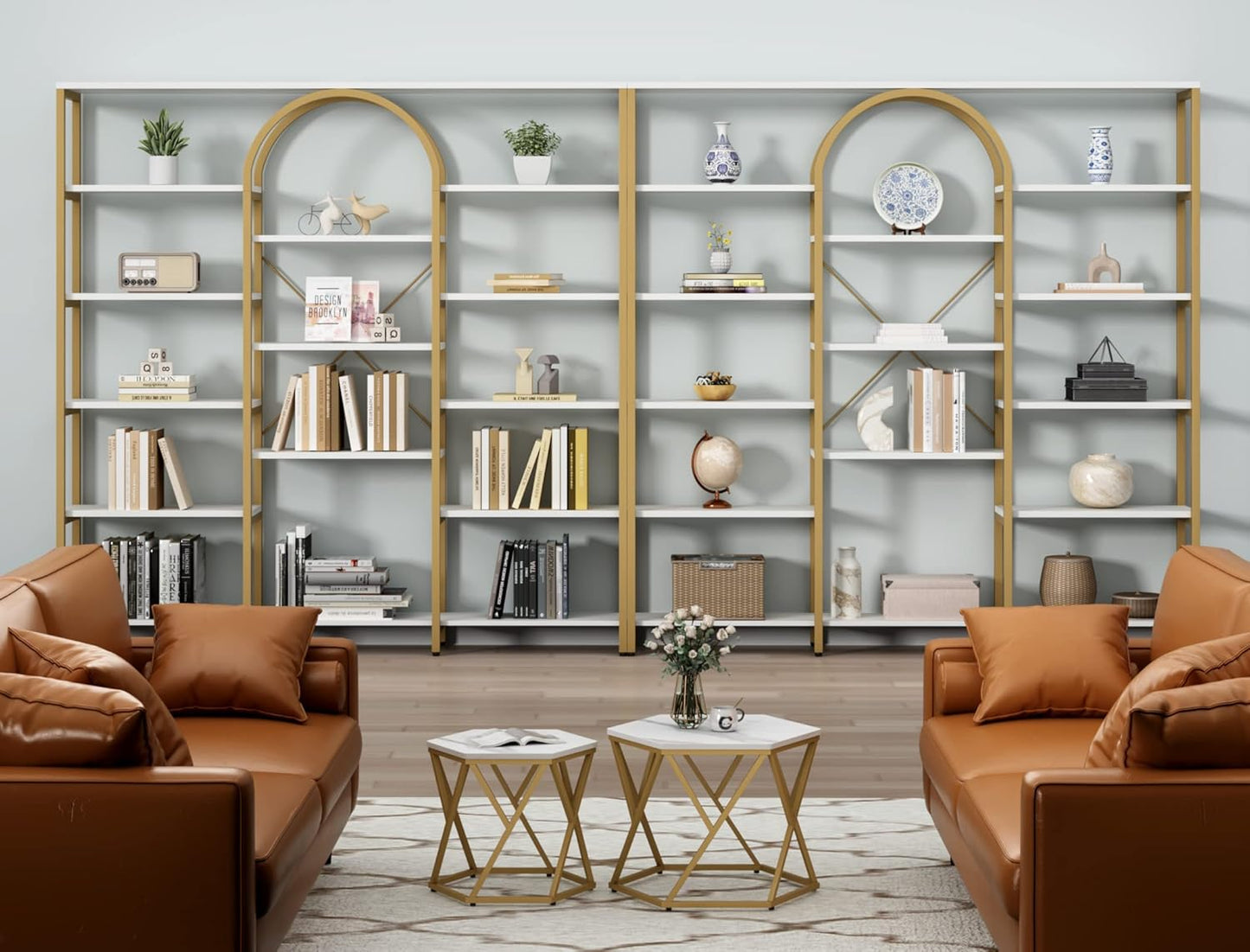 Triple Wide Gold Bookshelf, 70.87" W x 71.34" H Large Modern Etagere Bookcase, Tall Display Shelf with 13-Tier Open Shelves, Freestanding Staggered Storage Shelf for Home Office (White/Gold)