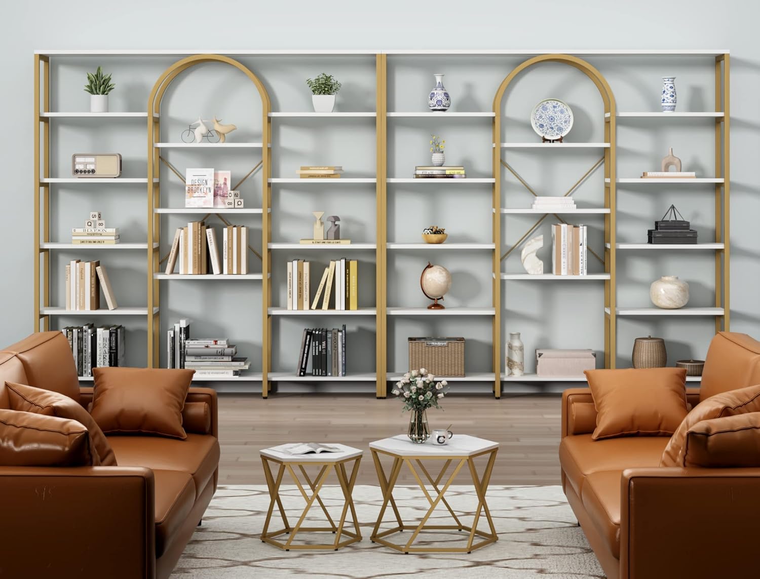 Triple Wide Gold Bookshelf, 70.87" W x 71.34" H Large Modern Etagere Bookcase, Tall Display Shelf with 13-Tier Open Shelves, Freestanding Staggered Storage Shelf for Home Office (White/Gold)