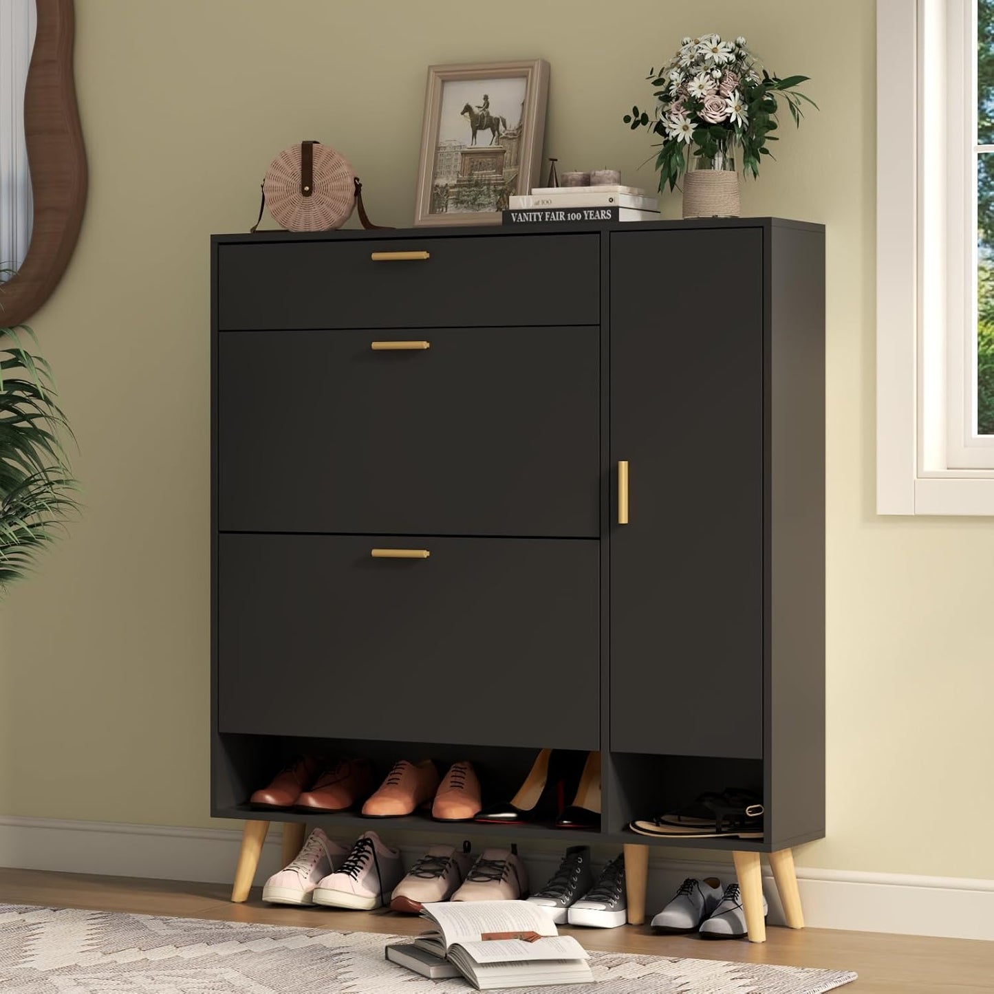 Shoe Storage Cabinets, 16 Pairs Free Standing Shoe Organizer with 2 Flip Drawers for Entryway, Narrow 3 Tier Entryway Hidden Shoe Rack with Doors (Upgraded Black)