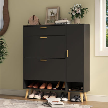 Shoe Storage Cabinets, 16 Pairs Free Standing Shoe Organizer with 2 Flip Drawers for Entryway, Narrow 3 Tier Entryway Hidden Shoe Rack with Doors (Upgraded Black)