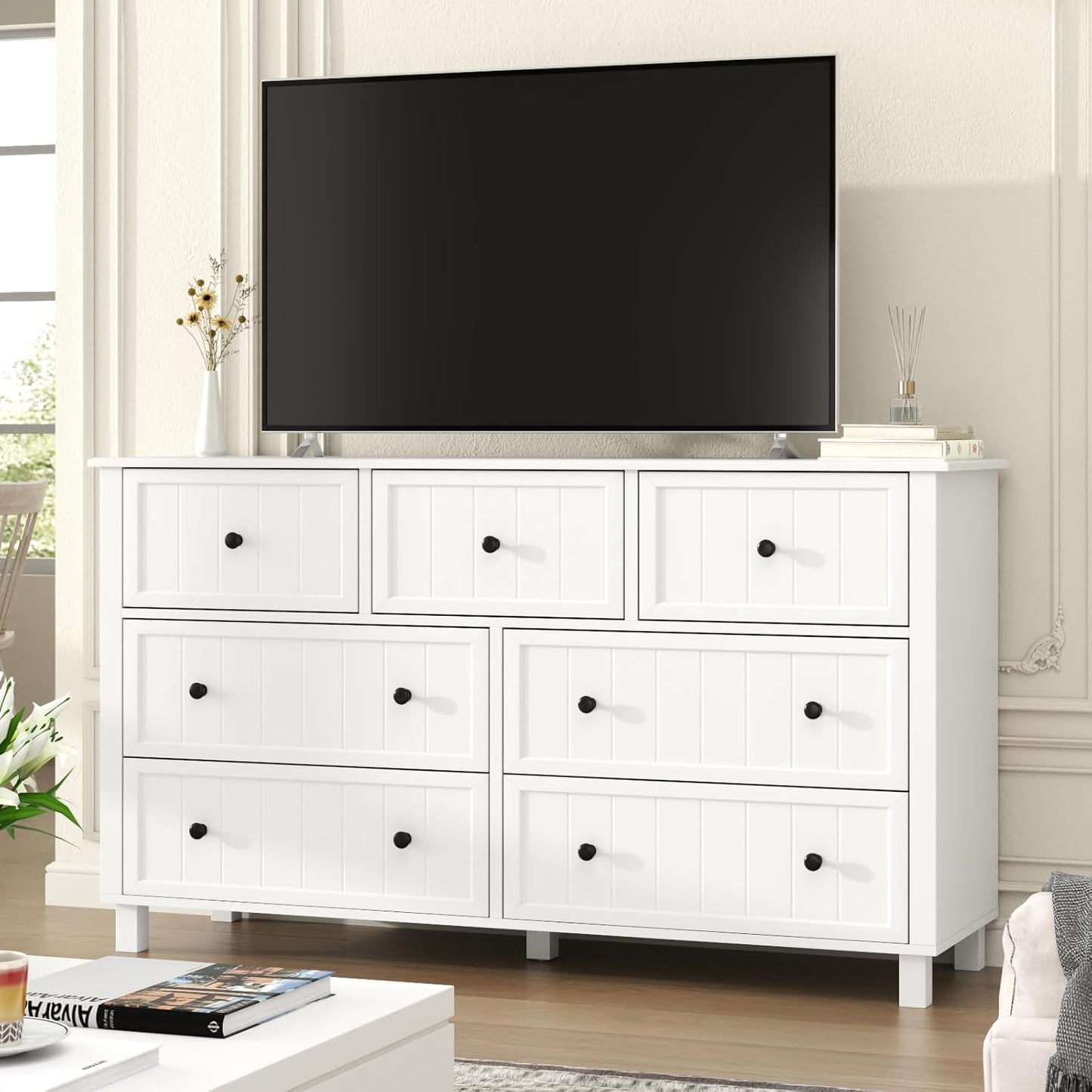 White Dresser for Bedroom, Farmhouse 7 Drawers Dresser with Deep Drawers, Wood Dressers Chest of Drawers with Metal Handles, Wide Modern Dressers Large TV Stand for Living Room, Closet, Hallway
