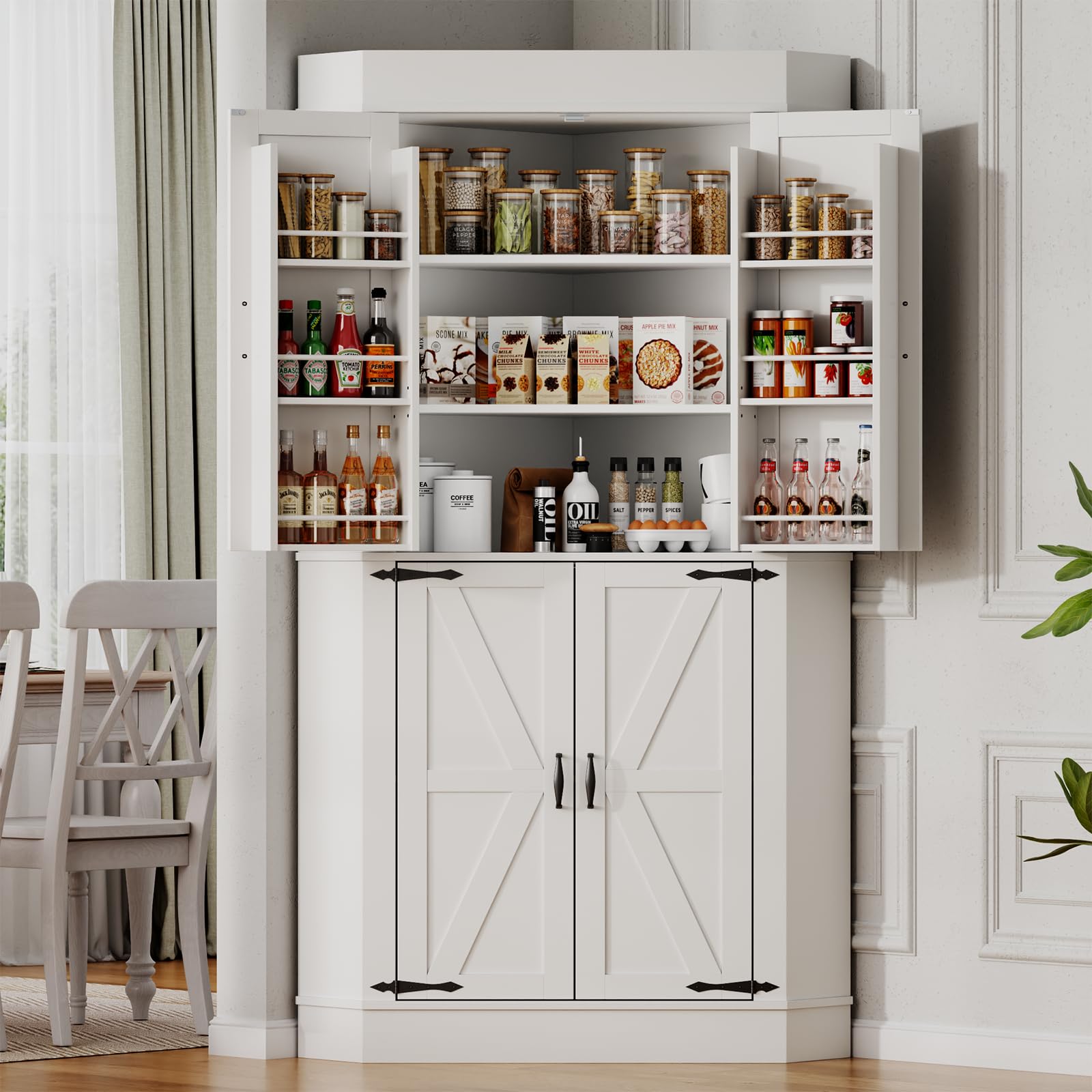 Corner Cabinet,Kitchen Pantry Storage Cabinet,Freestanding Buffet Hutch with 4 Doors and Shelves,Tall Food Pantry Farmhouse Furniture with Side Rack for Kitchen Dining Room(Retro)