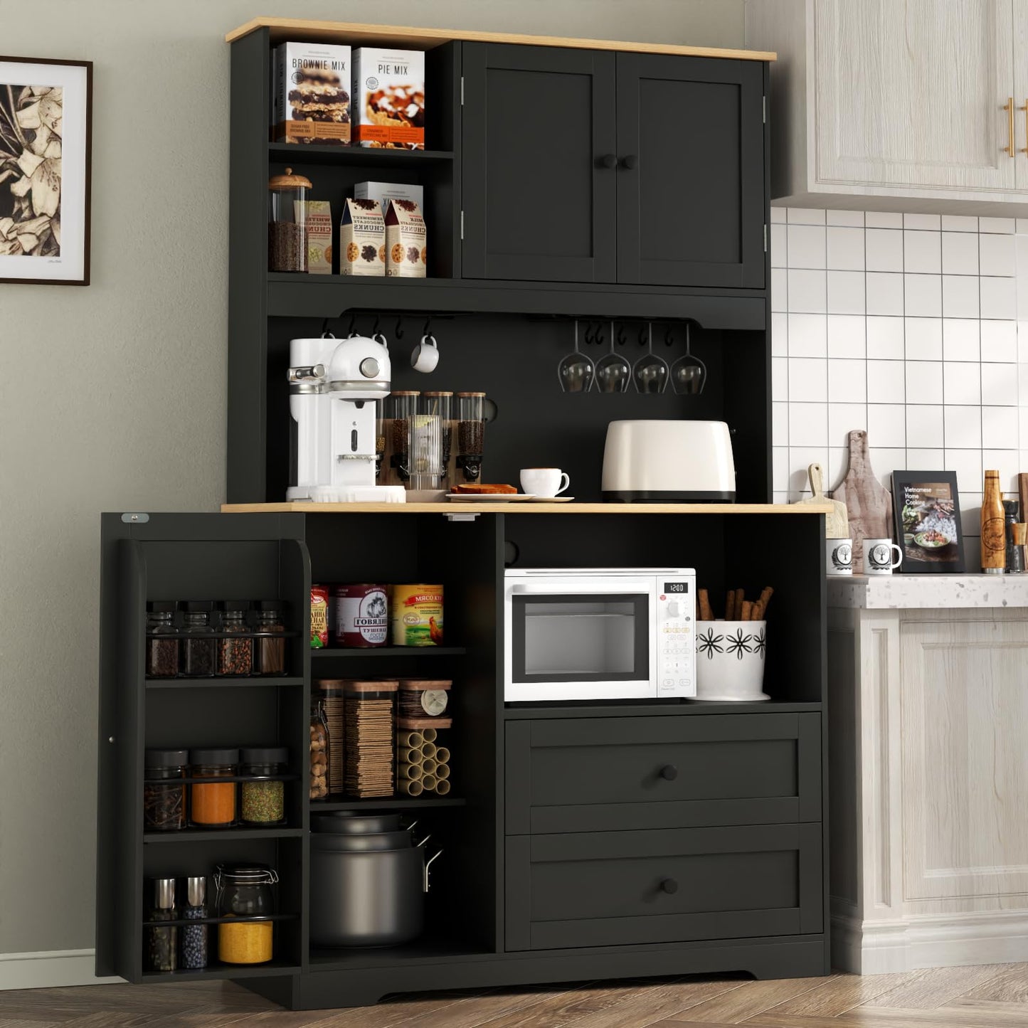 Corner Cabinet,Kitchen Pantry Storage Cabinet,Freestanding Buffet Hutch with 4 Doors and Shelves,Tall Food Pantry Farmhouse Furniture with Side Rack for Kitchen Dining Room(Retro)