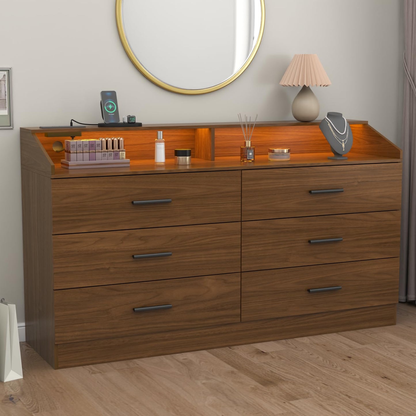 6 Drawer Dresser for Bedroom with Charging Station, Dresser with LED Light, Chest of Drawers for Closet, Modern Dressers with Open Storage Cubby, Double Wide Dressers (White, 6 Drawers)