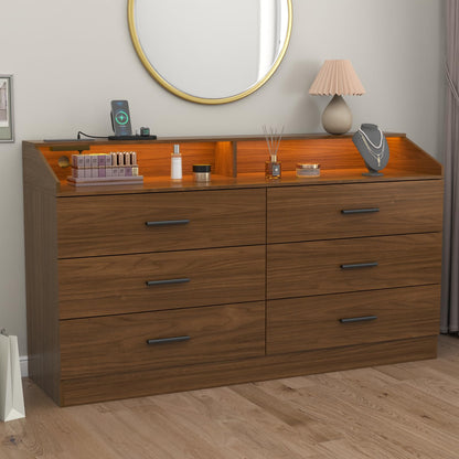 6 Drawer Dresser for Bedroom with Charging Station, Dresser with LED Light, Chest of Drawers for Closet, Modern Dressers with Open Storage Cubby, Double Wide Dressers (White, 6 Drawers)