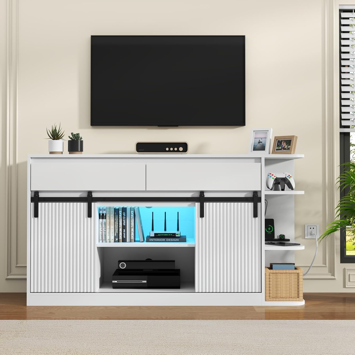 Fish Tank Stand with Power Outlets, Heavy Duty Aquarium Stand with LED Lights and Sliding Fluted Doors, White Storage Cabinet with 2 Large Drawers for Fish Tank, 1000 LBS Capacity