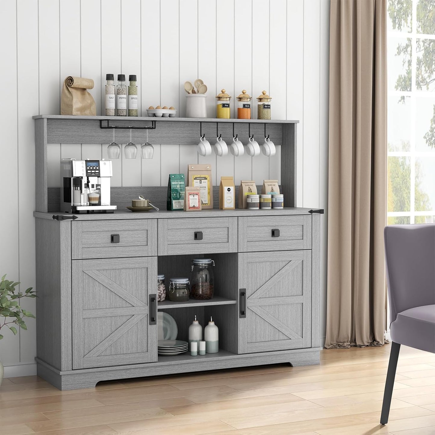 Farmhouse Bar Cabinet with Hutch, Kitchen Buffet Cabinet with Storage Cabinet & 3 Sliding Drawers, Adjustable Shelf, Goblet Holder, Cup Hooks for Living Room, Dining Room Use (Grey)