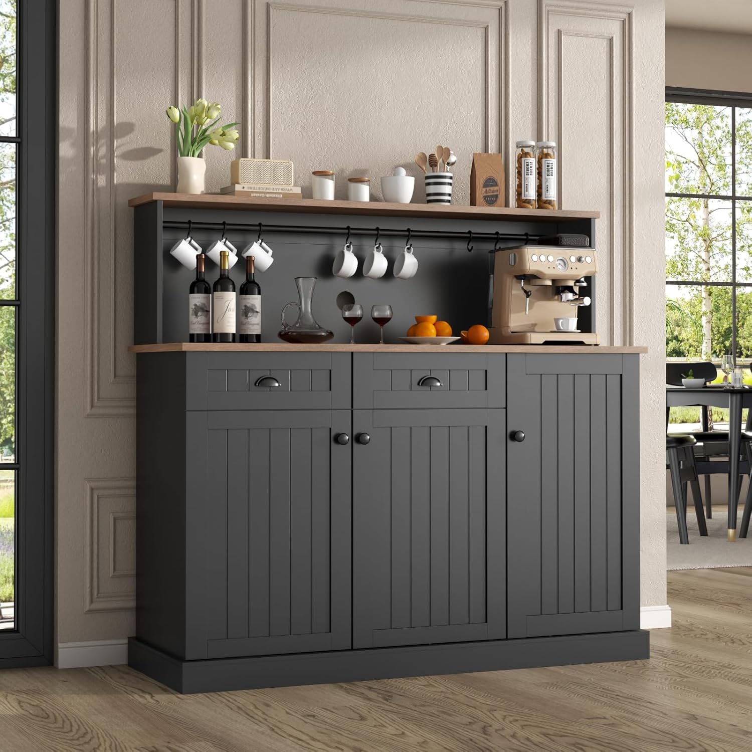 Sideboard Buffet Cabinet with 2 Drawers, Farmhouse Kitchen Pantry with Adjustable Shelves, Coffee Bar Cupboard Cabinet with 3 Doors for Kitchen, Dining Room (Black)