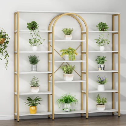 Triple Wide Gold Bookshelf, 70.87" W x 71.34" H Large Modern Etagere Bookcase, Tall Display Shelf with 13-Tier Open Shelves, Freestanding Staggered Storage Shelf for Home Office (White/Gold)