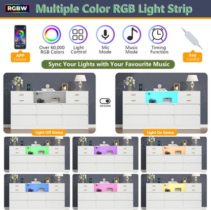 10 Drawers Dresser, LED Dressers & Chests of Drawers with Power Outlet, 58" Wide Long Dresser for Bedroom, Modern TV Stand with 1 Open Storage Cubbies (White)