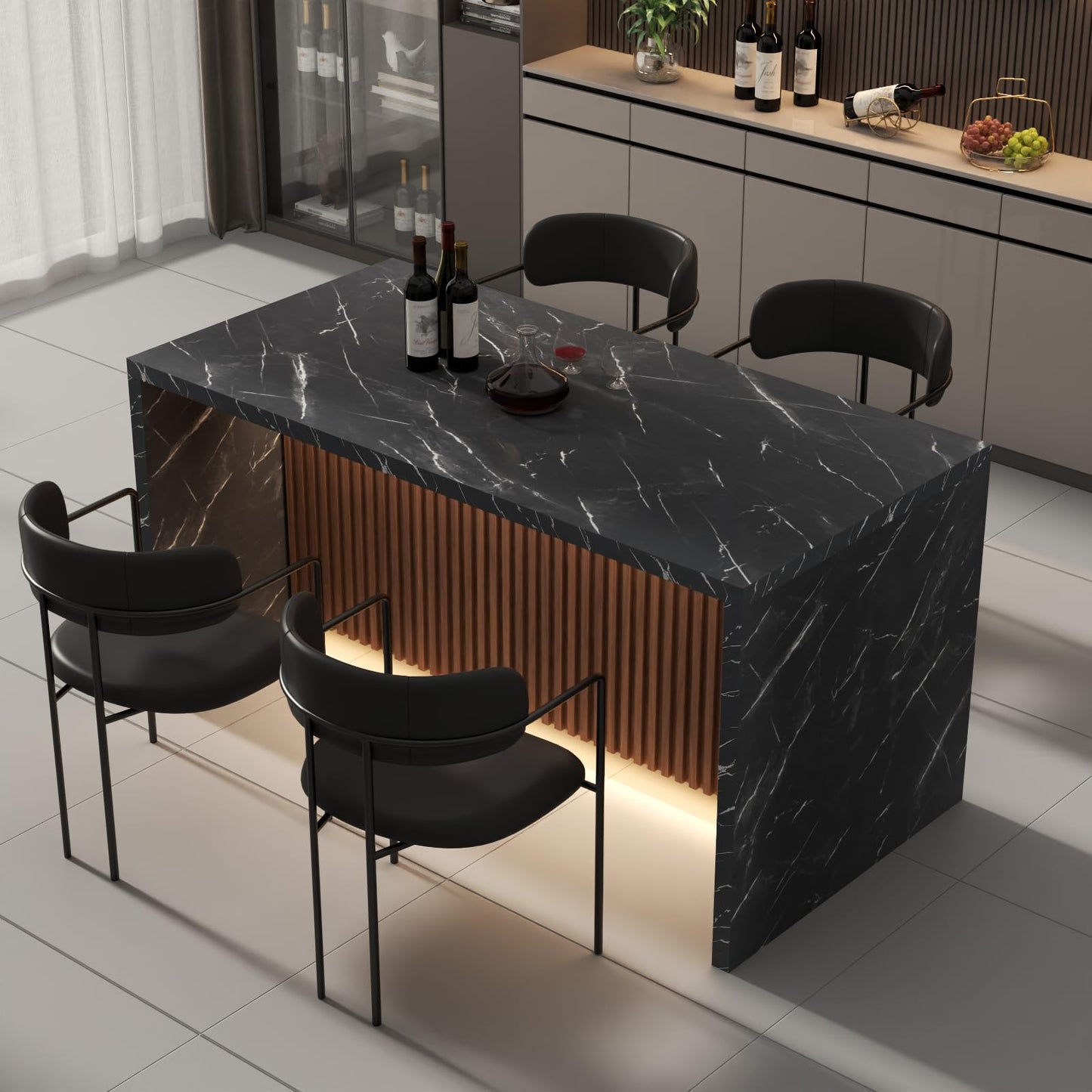 63" Large Imitation Marble Dining Table for 4-6 People(Patent Pending), Island Table with LED Lights, Mordern Marble Stripes Kitchen Dining Table with Grille design for Dining Room,Living Room,White