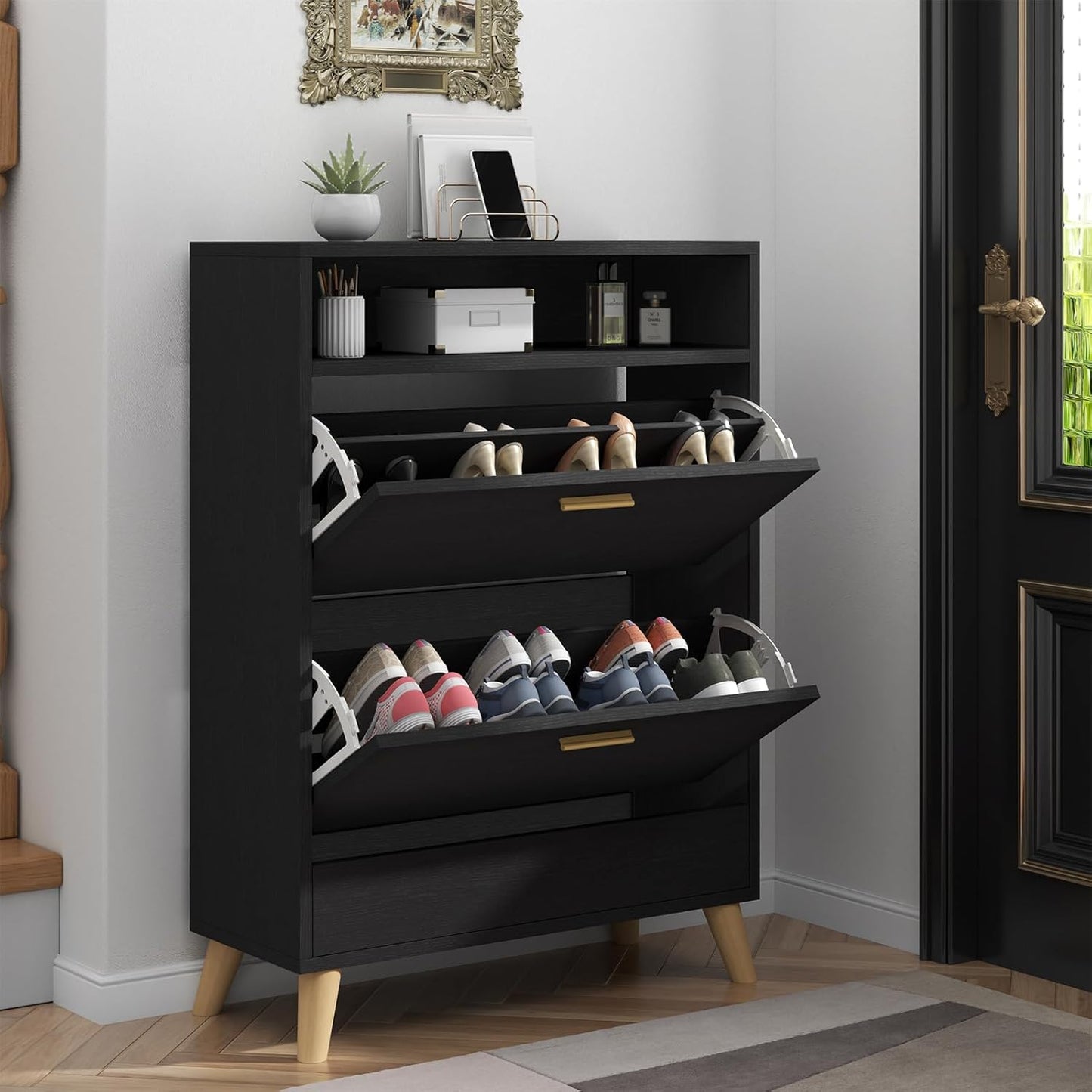 Shoe Storage Cabinets, 16 Pairs Free Standing Shoe Organizer with 2 Flip Drawers for Entryway, Narrow 3 Tier Entryway Hidden Shoe Rack with Doors (Black)