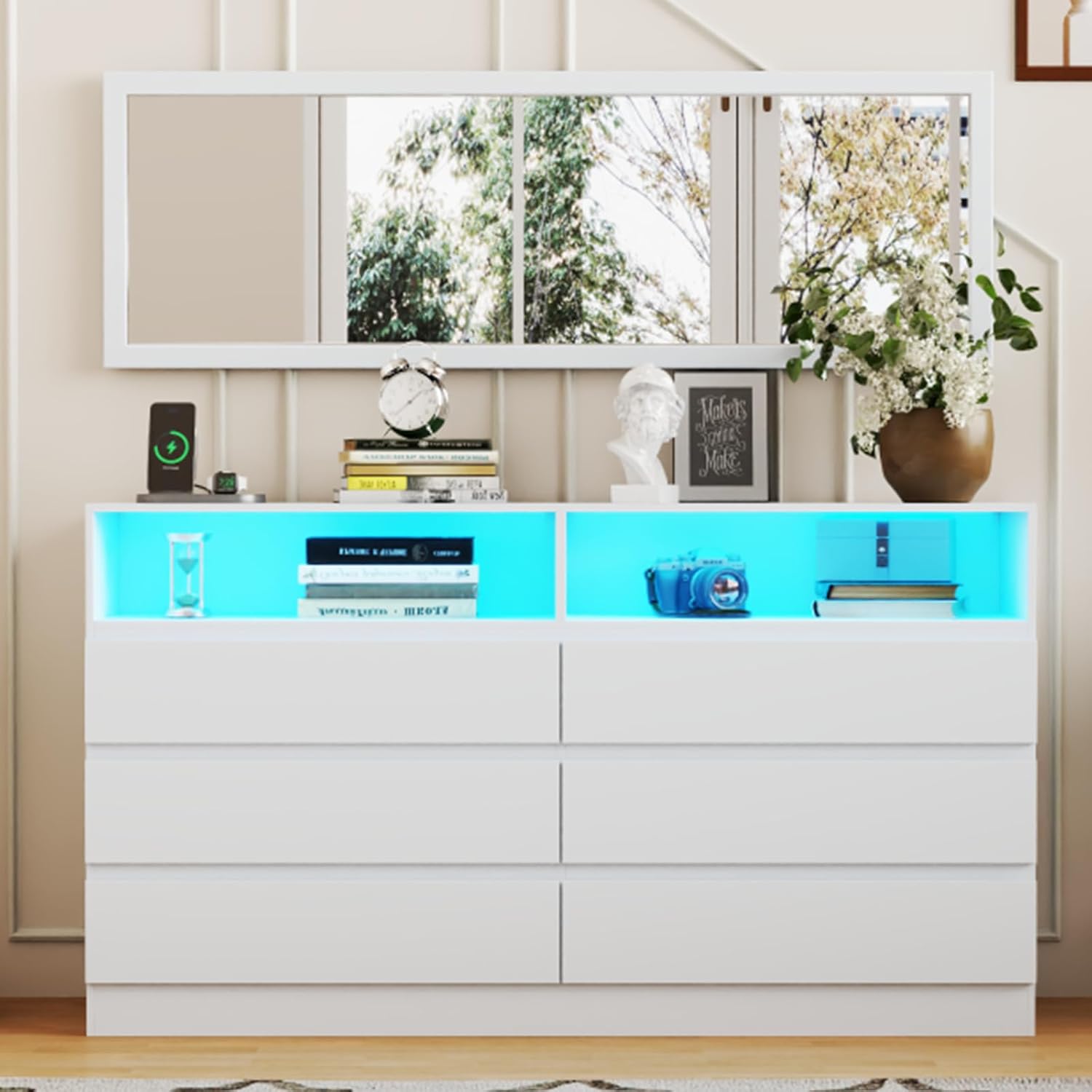 Dresser for Bedroom with Full Length Mirror 48"x16", White Storage Cabinet with Power Outlet, 6 Drawer Dresser with LED Light, Modern Dressers with Charging Station(White)