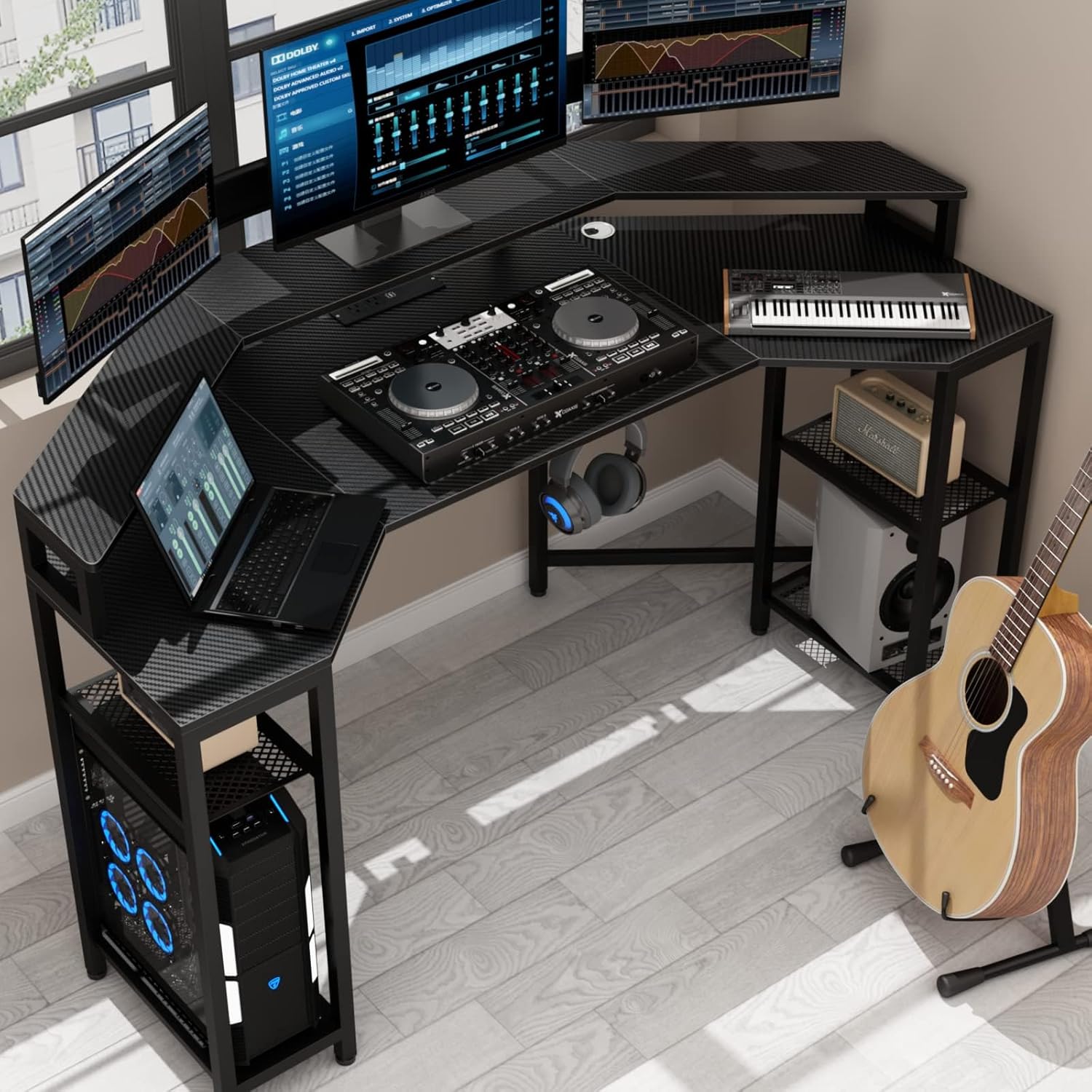 Gaming Desk with Power Outlets & LED Lights, 63" Wing-Shaped Computer Desk with Full Monitor Stand,Wireless Charging,Shelves,RGB Mouse Pad, Studio Desk Corner Desk with Headphone Hook (Black)