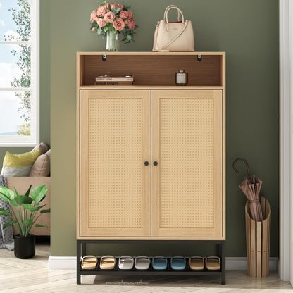 Natural Rattan Shoe Cabinet Entryway, 7-Tier Shoe Organizer with Doors, 46.54’’ Tall Shoe Rack Storage with Adjustable Shelves and Open Storage Space for Hallway, Closet (Natural)