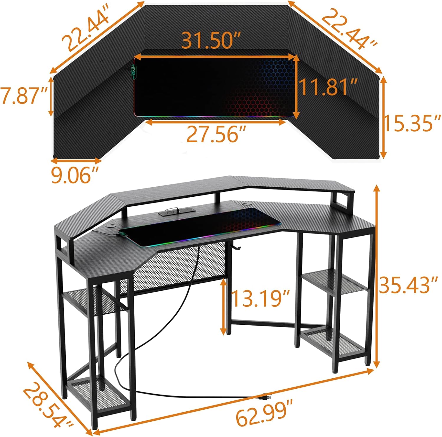 63" Computer Desk with Power Outlet & LED Light, Wing-Shaped Gaming Desk with Shelves, Full Monitor Stand,Wireless Charging,RGB Mouse Pad,Headphone Hook, Home Office Desk (Black)