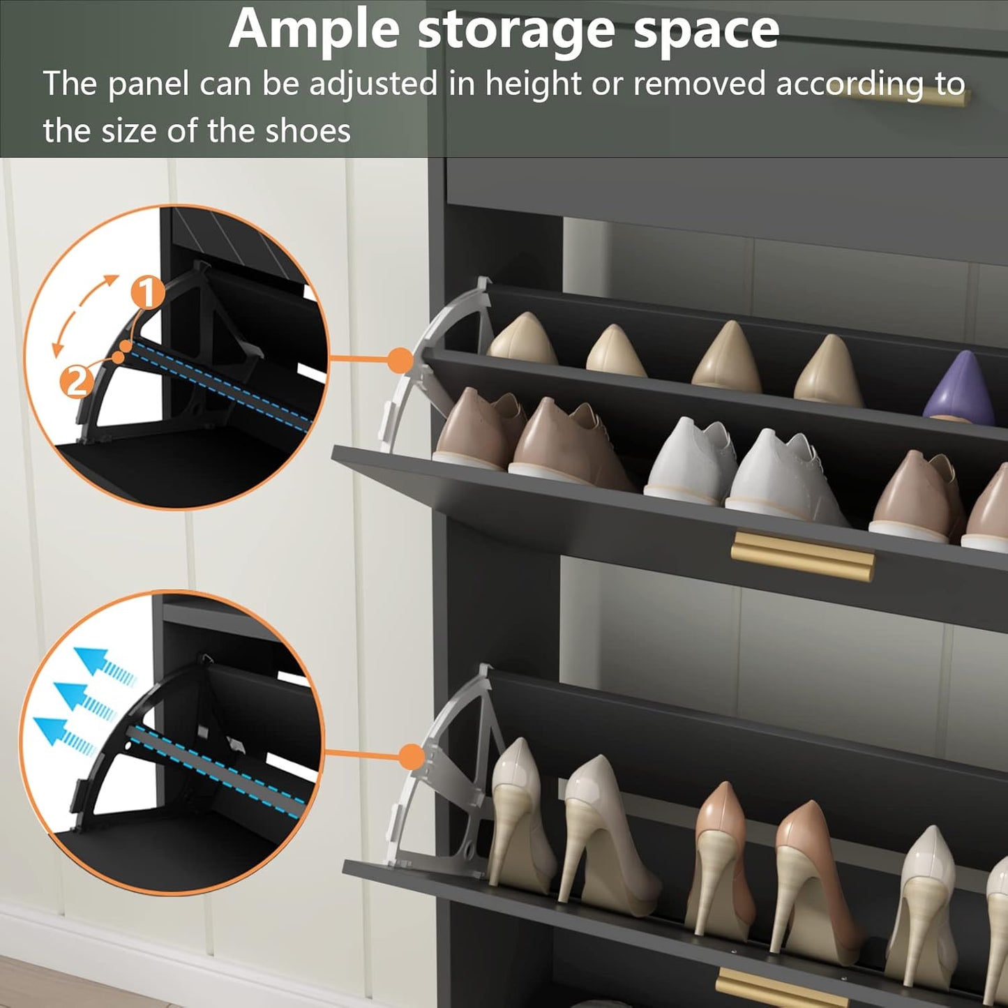 Shoe Storage Cabinets, 16 Pairs Free Standing Shoe Organizer with 2 Flip Drawers for Entryway, Narrow 3 Tier Entryway Hidden Shoe Rack with Doors (Upgraded Black)