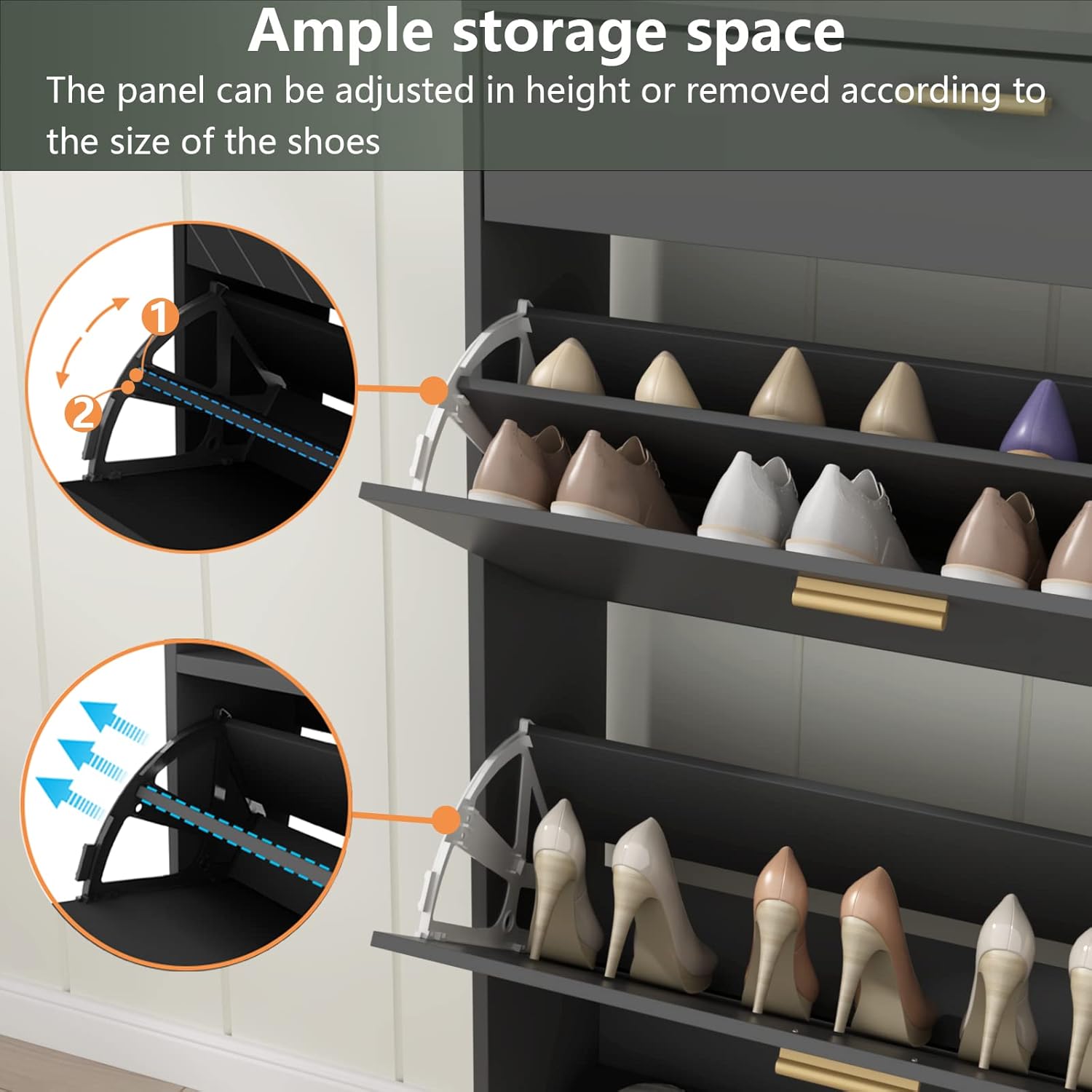 Shoe Storage Cabinets, 16 Pairs Free Standing Shoe Organizer with 2 Flip Drawers for Entryway, Narrow 3 Tier Entryway Hidden Shoe Rack with Doors (Upgraded Black)