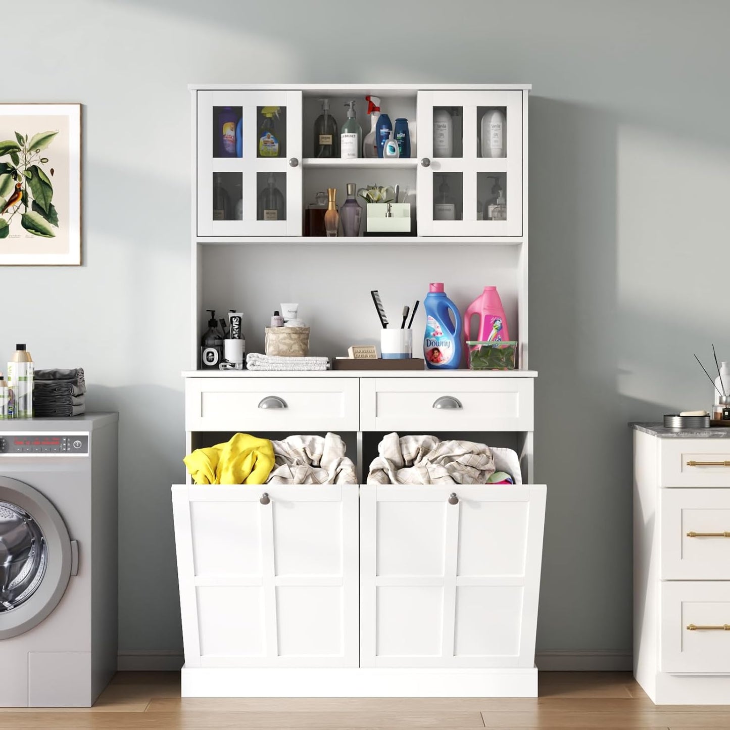 Kitchen Pantry Cabinet with Double Tilt Out Trash Cabinet, 68" Tall Storage Cabinets with 2 Drawers & Hutch, 20 Gallon Hidden Trash Can Cabinets, Kitchen Cupboard with Microwave Coffee Stand