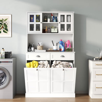 Kitchen Pantry Cabinet with Double Tilt Out Trash Cabinet, 68" Tall Storage Cabinets with 2 Drawers & Hutch, 20 Gallon Hidden Trash Can Cabinets, Kitchen Cupboard with Microwave Coffee Stand