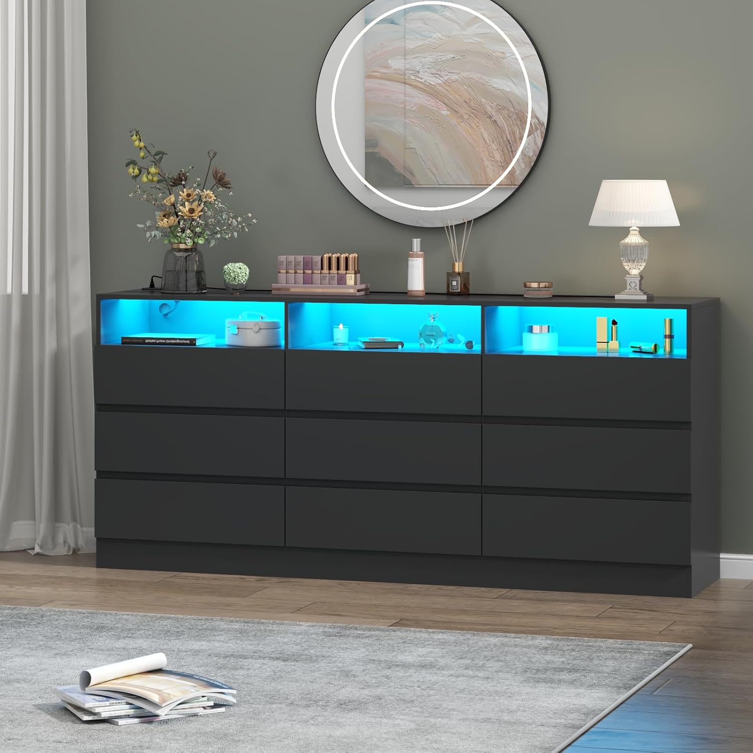 9 Drawers Dresser with Power Outlet, LED Large Dressers Chest with Handle Free Drawers, Modern Long Dressers Storage Cabinet for Closet Living Room (Black)