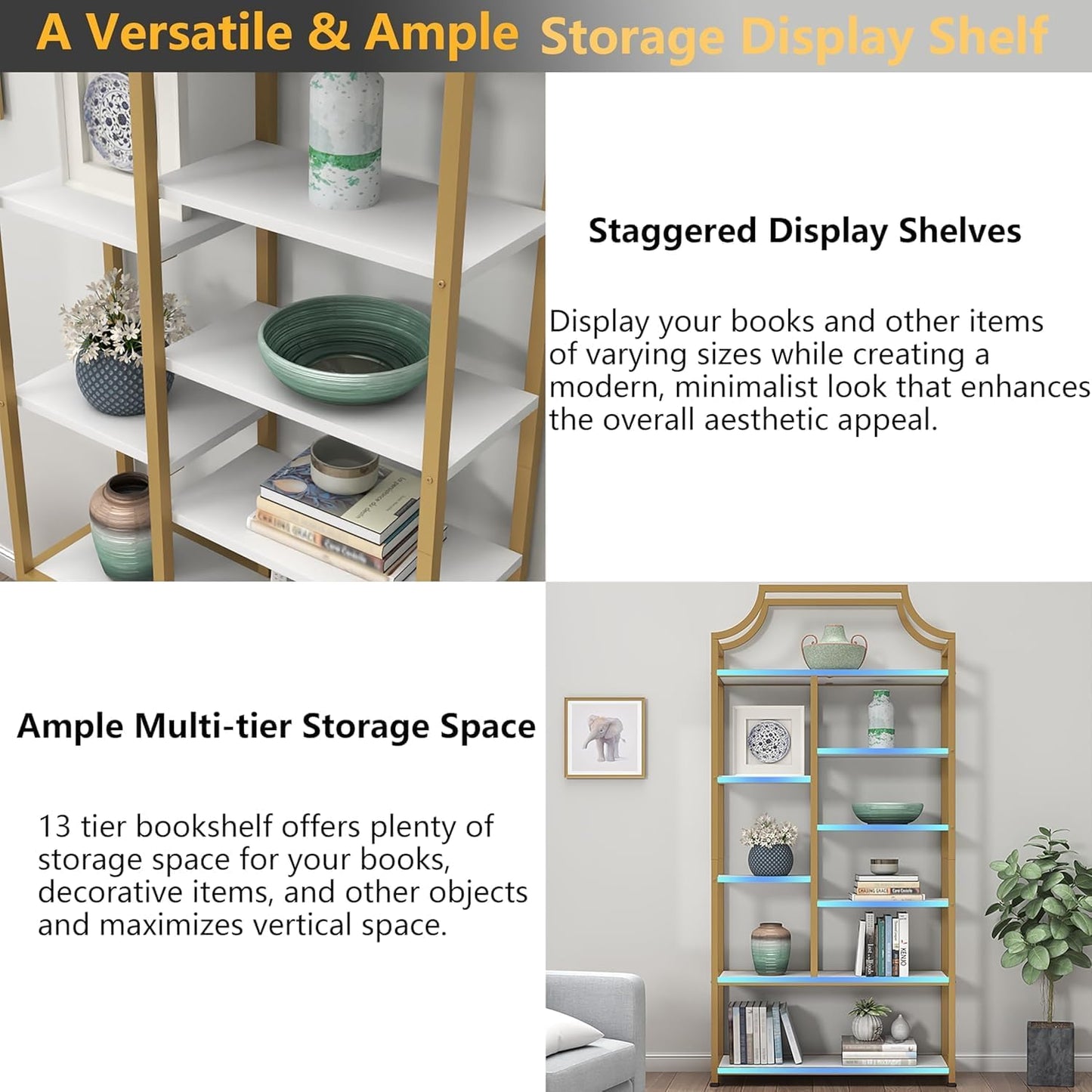 Lux Etagere 8-Tier Open Shelf Bookcase – 70.87" H x 31.5" L, Modern Metal Frame with Gold Finish & White Shelves, Tall Storage Display for Bedroom, Home Office & Living Room (Gold)