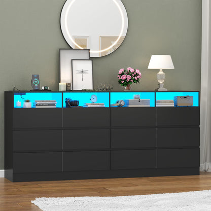 63" Wide 6-Drawer White Dresser with Divided Compartments, Charging Station & LED Lights, TV Stand for TVs up to 75", Large Organizer with 4 Open Cubbies