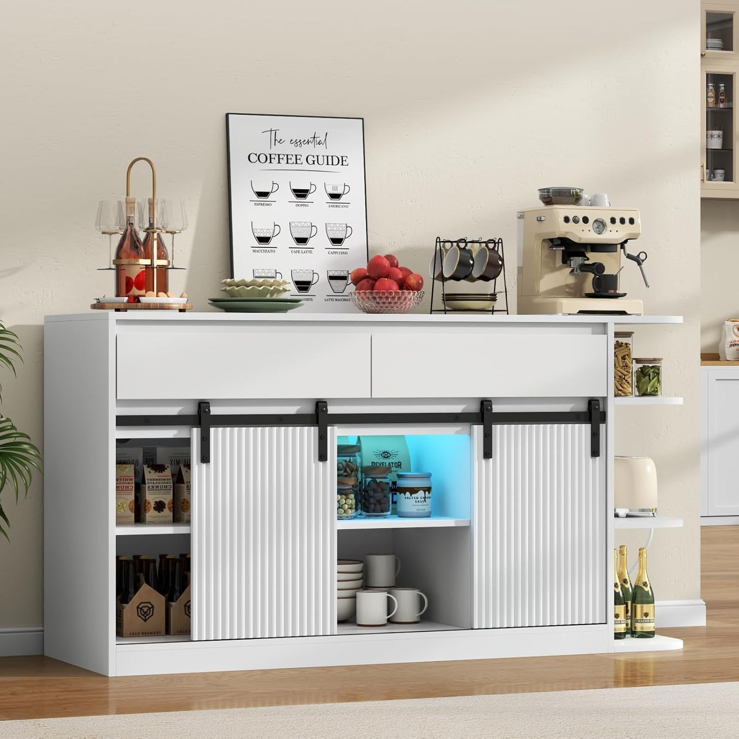 Fish Tank Stand with Power Outlets, Heavy Duty Aquarium Stand with LED Lights and Sliding Fluted Doors, White Storage Cabinet with 2 Large Drawers for Fish Tank, 1000 LBS Capacity