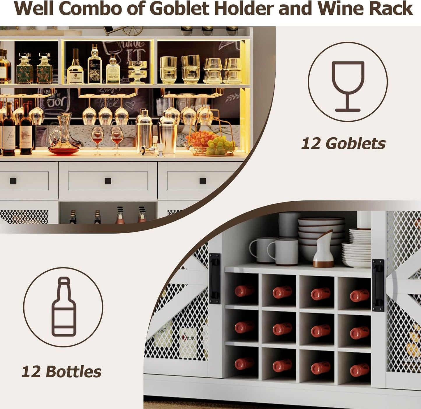 Wine Bar Cabinet with LED Lights, Farmhouse Coffe Bar with Mirror, 3 Drawers & Wine Rack, Kitchen Buffet Sideboard with Storage & Glass Holder, Liquor Cabinet Hutch (53.66" Tall)