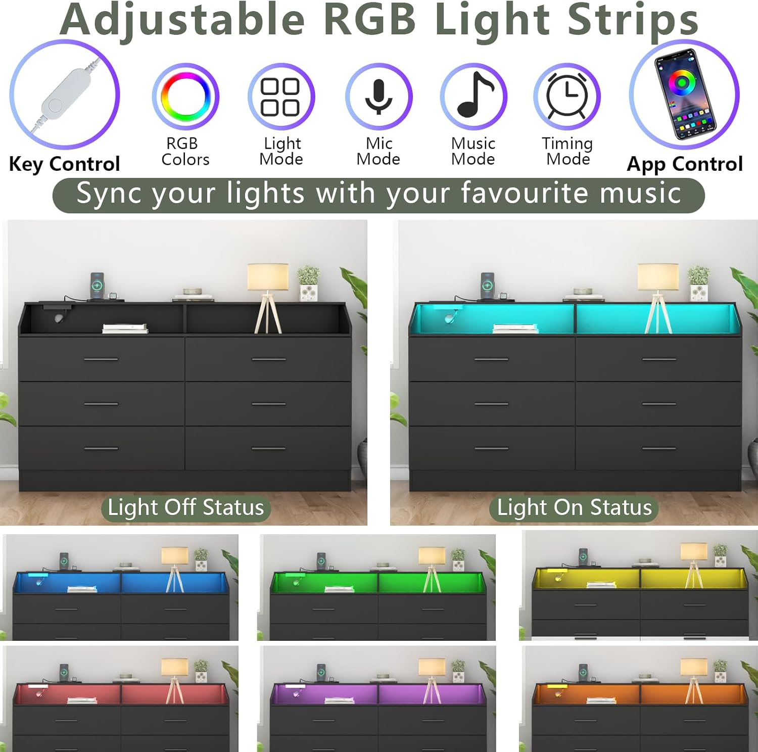 6 Drawer Dresser with Charging Station, Dresser for Bedroom with LED Light, Chest of Drawers for Closet, Modern Dressers with Open Storage Cubby, Double Wide Dressers for Living Room (Black)