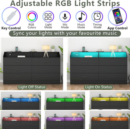 6 Drawer Dresser with Charging Station, Dresser for Bedroom with LED Light, Chest of Drawers for Closet, Modern Dressers with Open Storage Cubby, Double Wide Dressers for Living Room (Black)
