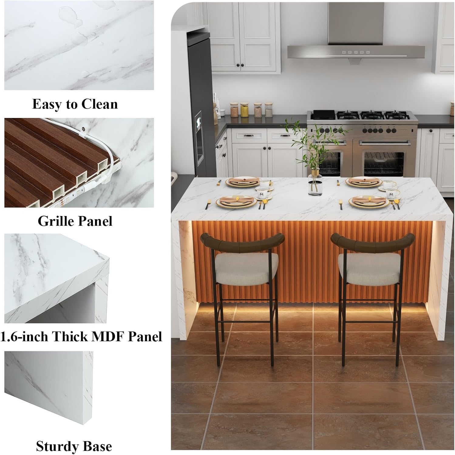 63" Large Imitation Marble Dining Table for 4-6 People(Patent Pending), Island Table with LED Lights, Mordern Marble Stripes Kitchen Dining Table with Grille design for Dining Room,Living Room,White