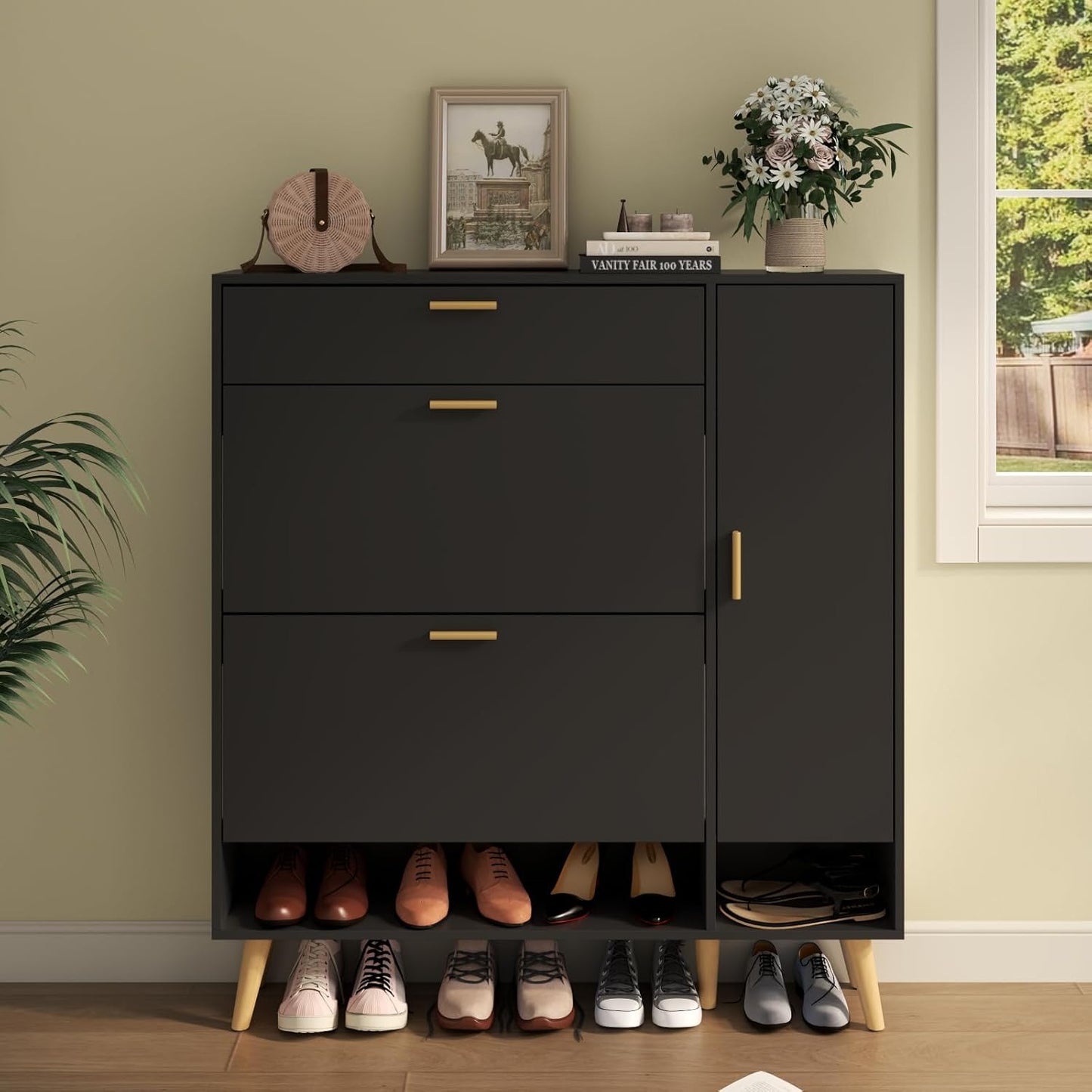 Shoe Storage Cabinets, 16 Pairs Free Standing Shoe Organizer with 2 Flip Drawers for Entryway, Narrow 3 Tier Entryway Hidden Shoe Rack with Doors (Upgraded Black)