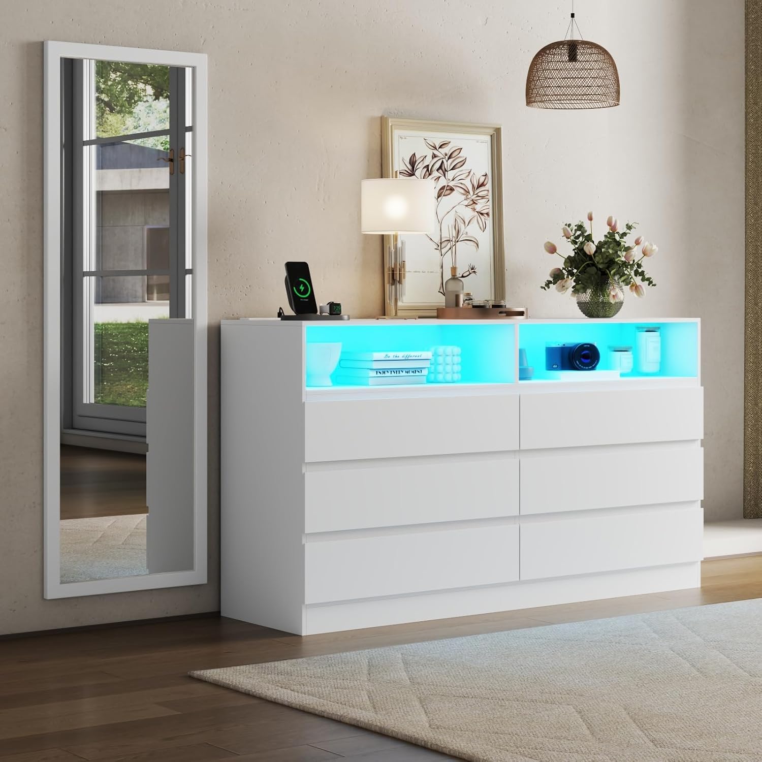 Dresser for Bedroom with Full Length Mirror 48"x16", White Storage Cabinet with Power Outlet, 6 Drawer Dresser with LED Light, Modern Dressers with Charging Station(White)