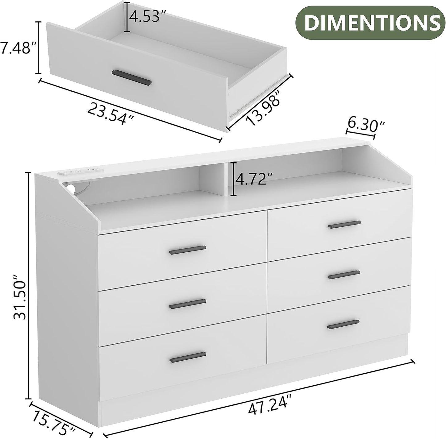 6 Drawer Dresser for Bedroom with Charging Station, Dresser with LED Light, Chest of Drawers for Closet, Modern Dressers with Open Storage Cubby, Double Wide Dressers (White, 6 Drawers)