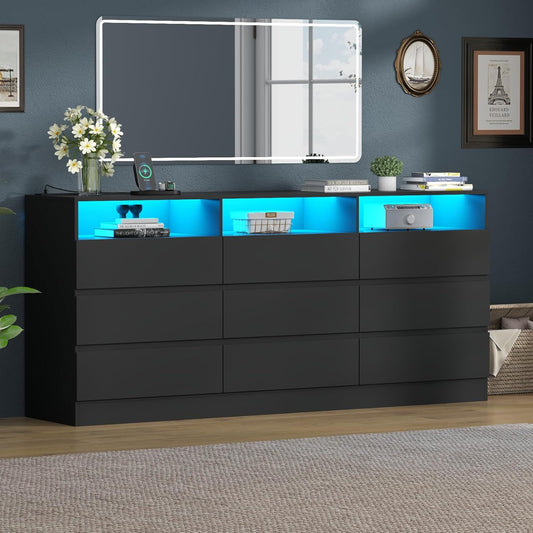 9 Drawers Dresser with Power Outlet, LED Large Dressers Chest with Handle Free Drawers, Modern Long Dressers Storage Cabinet for Closet Living Room (Black)