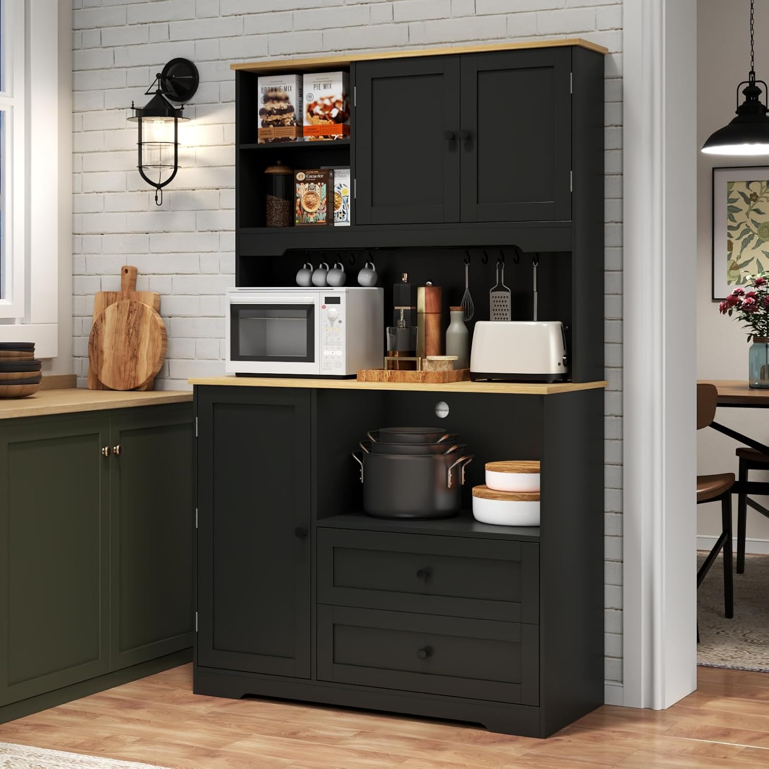 Kitchen Pantry Storage Cabinet,Freestanding Buffet Cabinet with Wine Glass Holder and 2 drawers,Food Pantry with Doors and Shelves,Tall Kitchen Hutch with Microwave Stand for Kitchens (Black)