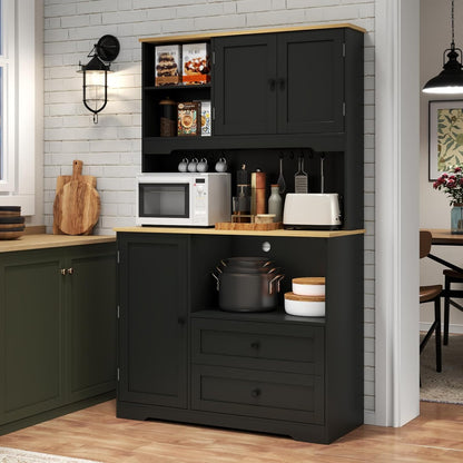 Kitchen Pantry Storage Cabinet,Freestanding Buffet Cabinet with Wine Glass Holder and 2 drawers,Food Pantry with Doors and Shelves,Tall Kitchen Hutch with Microwave Stand for Kitchens (Black)