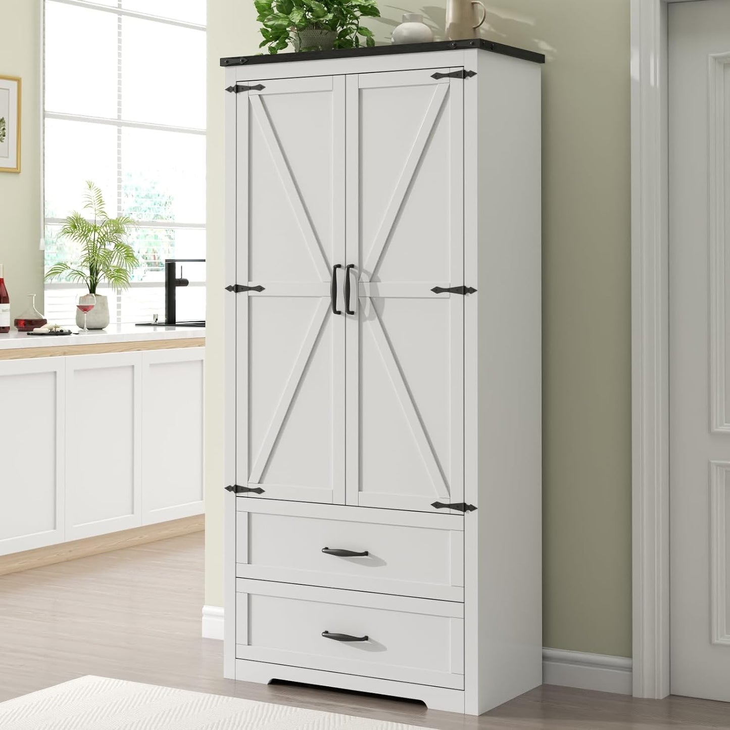 Tall Farmhouse Kitchen Cabinet with Sensor Light, Food Pantry Cabinet with 2 Large Drawers and Adjustable Shelves, Traditional Freestanding Cupboard with Doors for Kitchen (White)