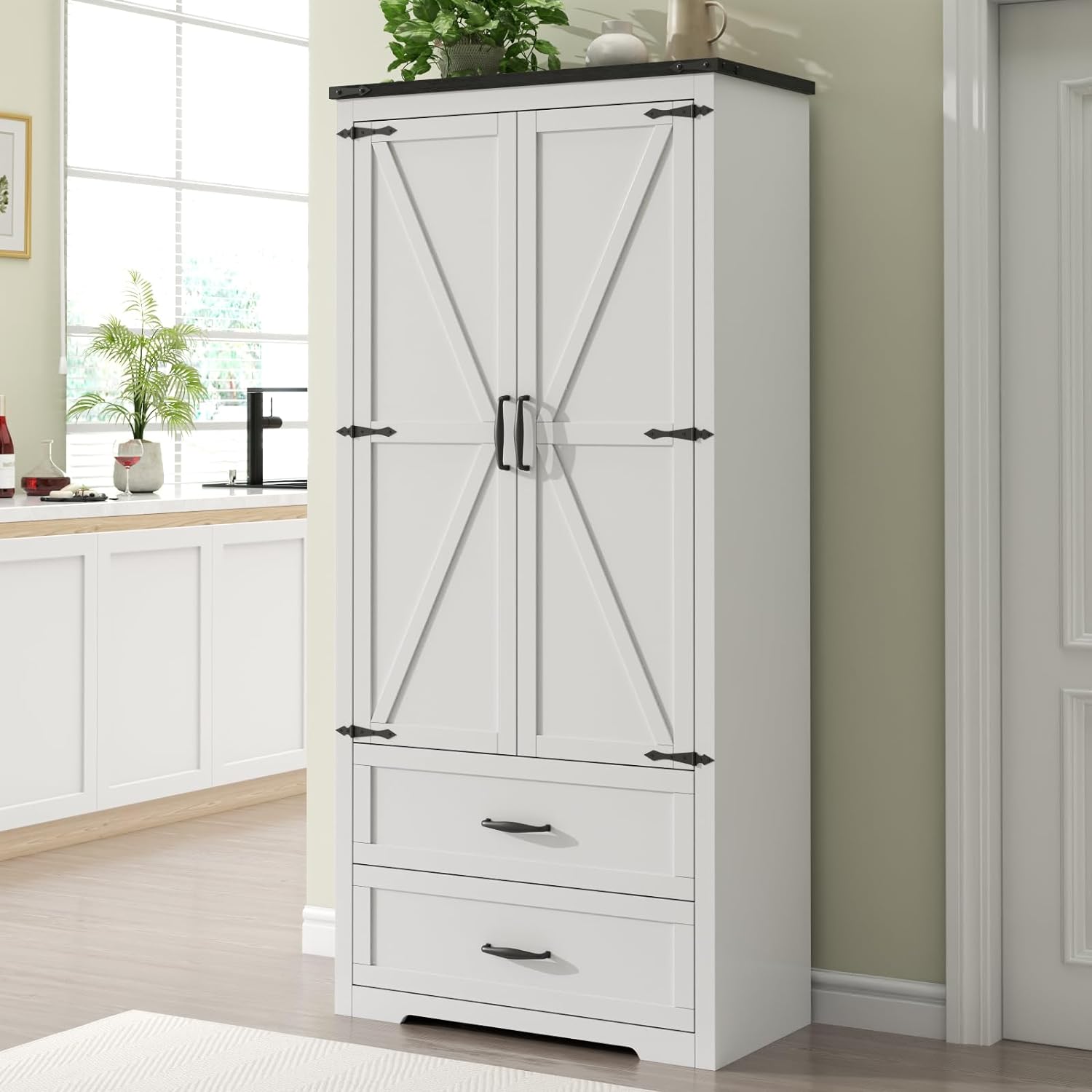 Tall Farmhouse Kitchen Cabinet with Sensor Light, Food Pantry Cabinet with 2 Large Drawers and Adjustable Shelves, Traditional Freestanding Cupboard with Doors for Kitchen (White)