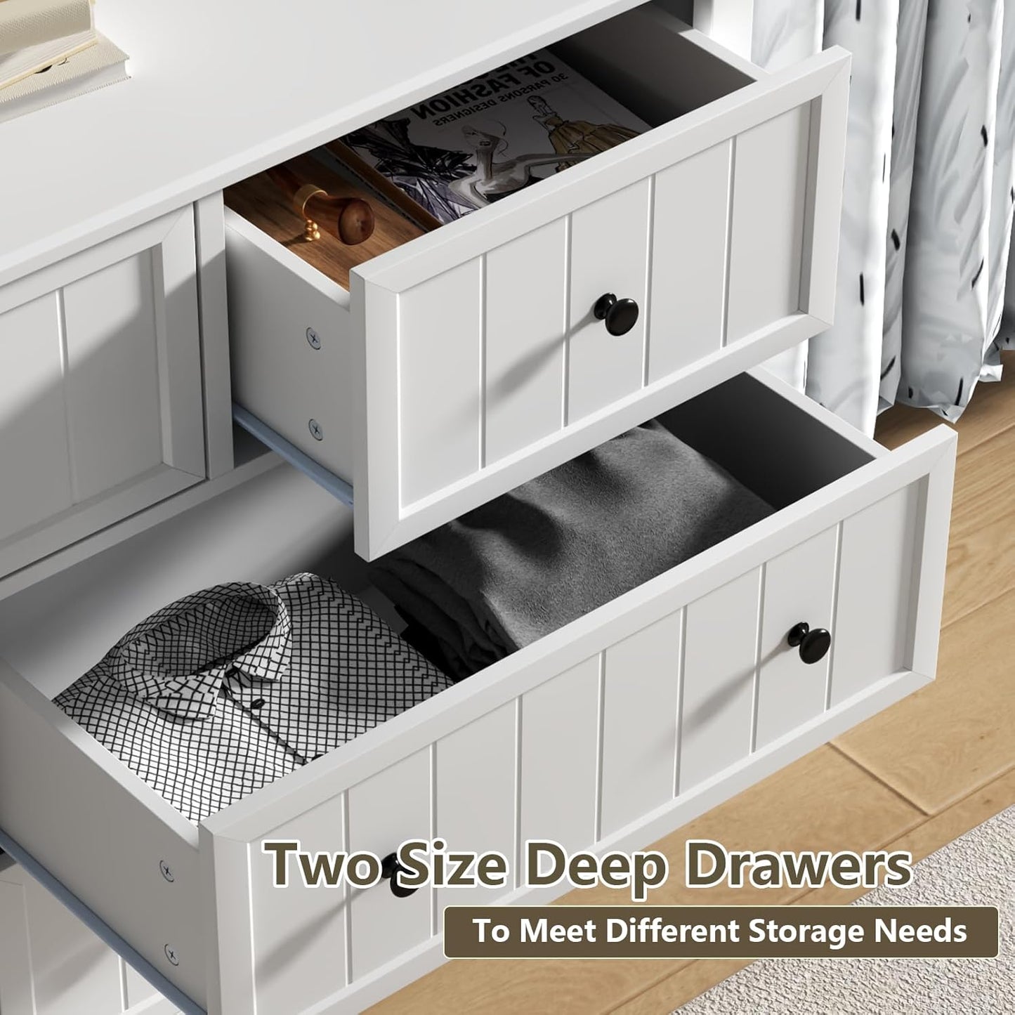 White Dresser for Bedroom, Farmhouse 7 Drawers Dresser with Deep Drawers, Wood Dressers Chest of Drawers with Metal Handles, Wide Modern Dressers Large TV Stand for Living Room, Closet, Hallway