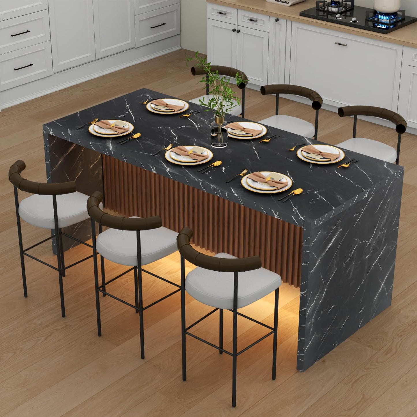 63" Large Imitation Marble Dining Table for 4-6 People(Patent Pending), Island Table with LED Lights, Mordern Marble Stripes Kitchen Dining Table with Grille design for Dining Room,Living Room,White