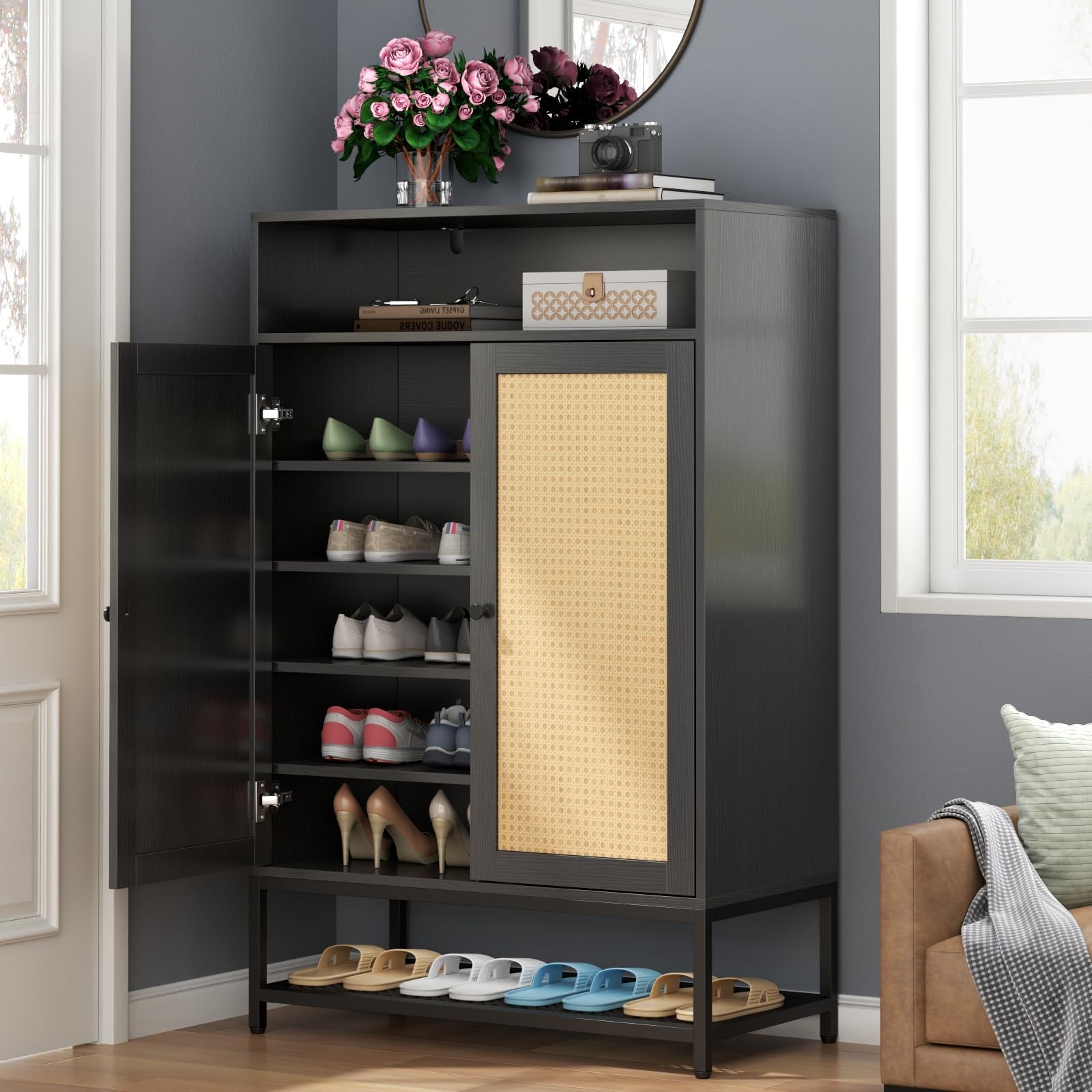 Rattan Shoe Organizer with Doors, Shoe Storage Cabinet with Adjustable Shelves for Entryway, 7-Tier Entryway Shoe Rack Storage for Hallway, Closet, Living Room