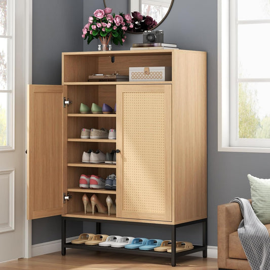 Rattan Shoe Organizer with Doors, Shoe Storage Cabinet with Adjustable Shelves for Entryway, 7-Tier Entryway Shoe Rack Storage for Hallway, Closet, Living Room