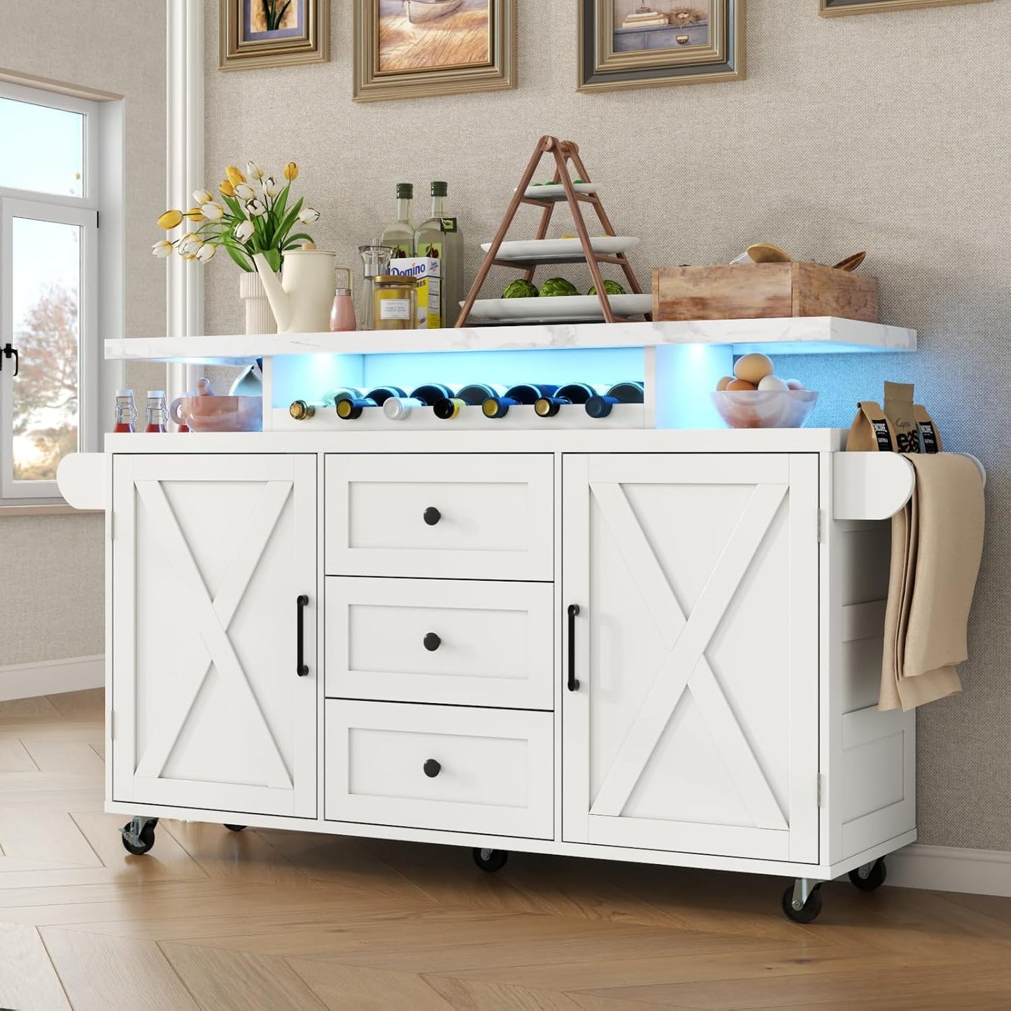 Rolling Kitchen Island Cart with Storage, Kitchen Island on Wheels with LED Lights & 3 Drawers, Side Table with Spice Rack & Towel Rack, Large Mobile Islands Table for Dining Room, White