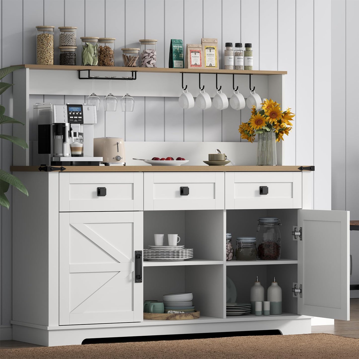 Farmhouse Bar Cabinet with Hutch, Kitchen Buffet Cabinet with Storage Cabinet & 3 Sliding Drawers, Adjustable Shelf, Goblet Holder, Cup Hooks for Living Room, Dining Room Use (Grey)