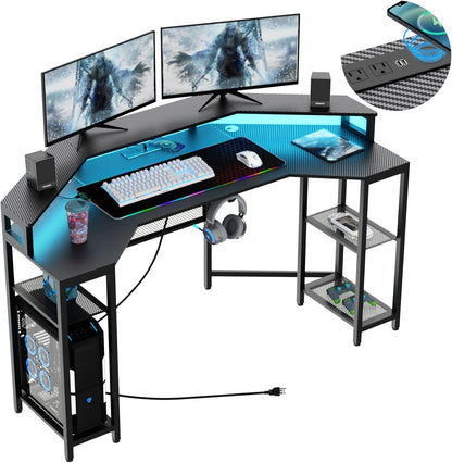 63" Computer Desk with Power Outlet & LED Light, Wing-Shaped Gaming Desk with Shelves, Full Monitor Stand,Wireless Charging,RGB Mouse Pad,Headphone Hook, Home Office Desk (Black)