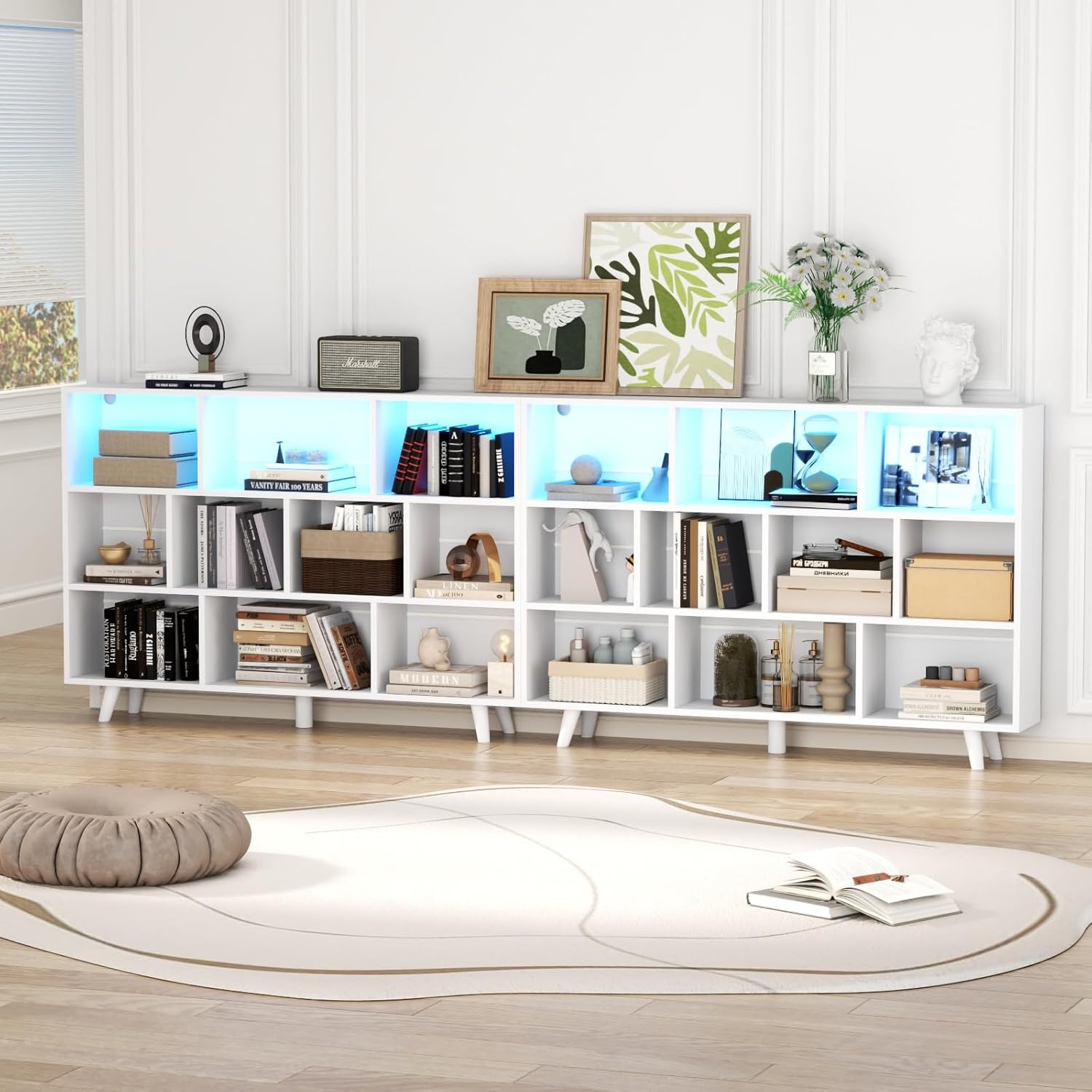 10 Cube Book Shelf with LED Lights, 3-Tier White Bookcase with Solid Wood Legs Modern Open Storage Organizer Kids Bookshelf Display Shelf for Living Room, Home Office (White, 10 Cube)